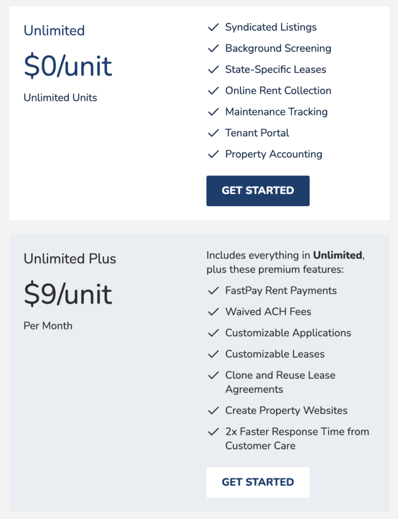 Avail subscription plans comparison for property management services. The "Unlimited" plan is $0/unit with features like syndicated listings and tenant portal. The "Unlimited Plus" plan is $9/unit/month, offering additional features like waived ACH fees and customizable leases.